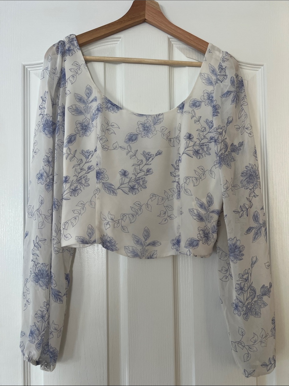 House of Harlow 1960 Cream Sheer Blouse with Blue Floral Sketch